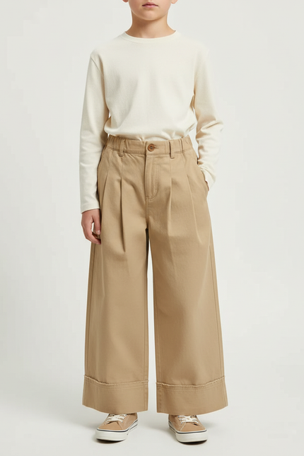 Pantalon Beige Plissé Ample Enfant Décontracté Coton