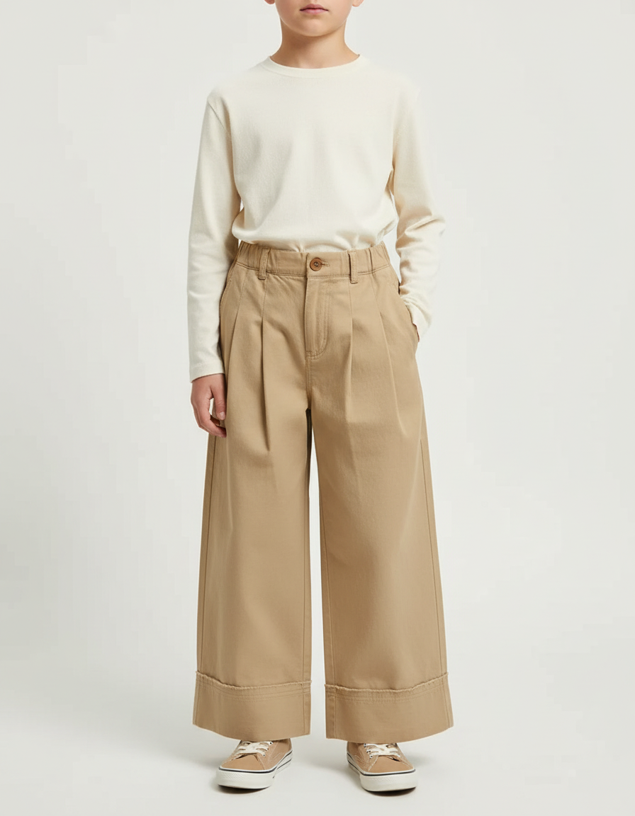 Pantalon Beige Plissé Ample Enfant Décontracté Coton