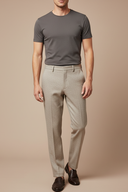 Pantalon Beige Texturé Slim Élégant Décontracté Homme - Laine