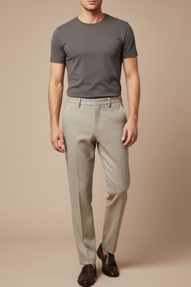 Pantalon Beige Texturé Slim Élégant Décontracté Homme - Laine