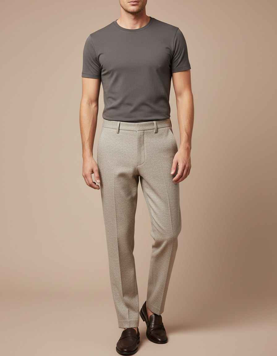 Pantalon Beige Texturé Slim Élégant Décontracté Homme - Laine