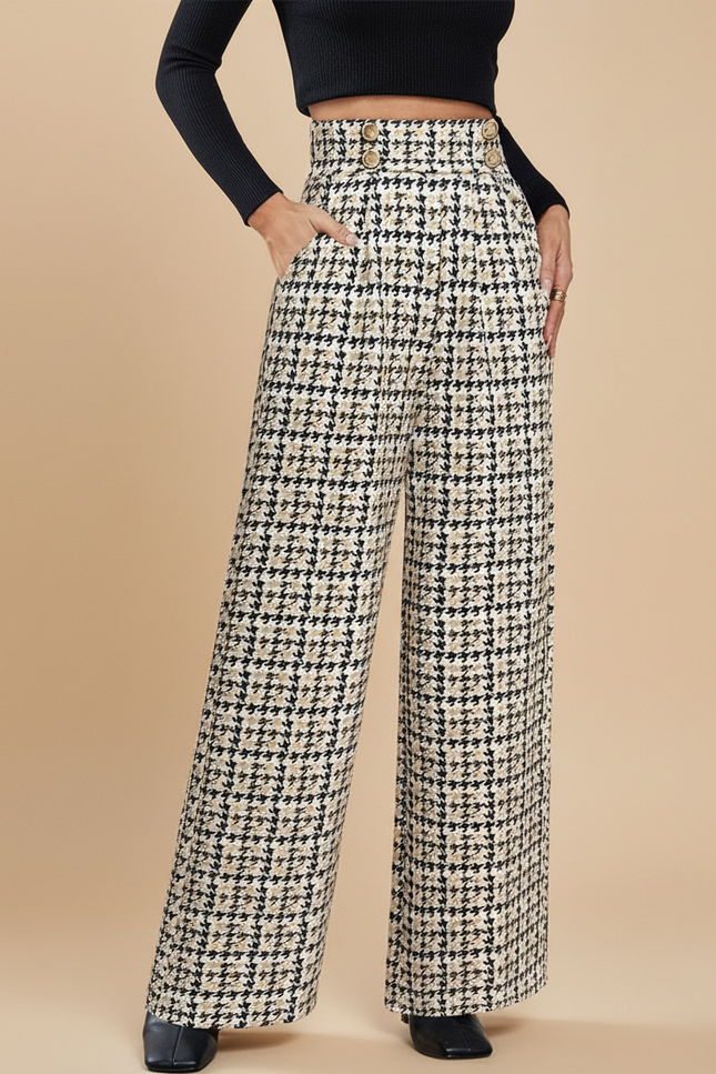 Pantalon Pied De Poule Beige - Tweed