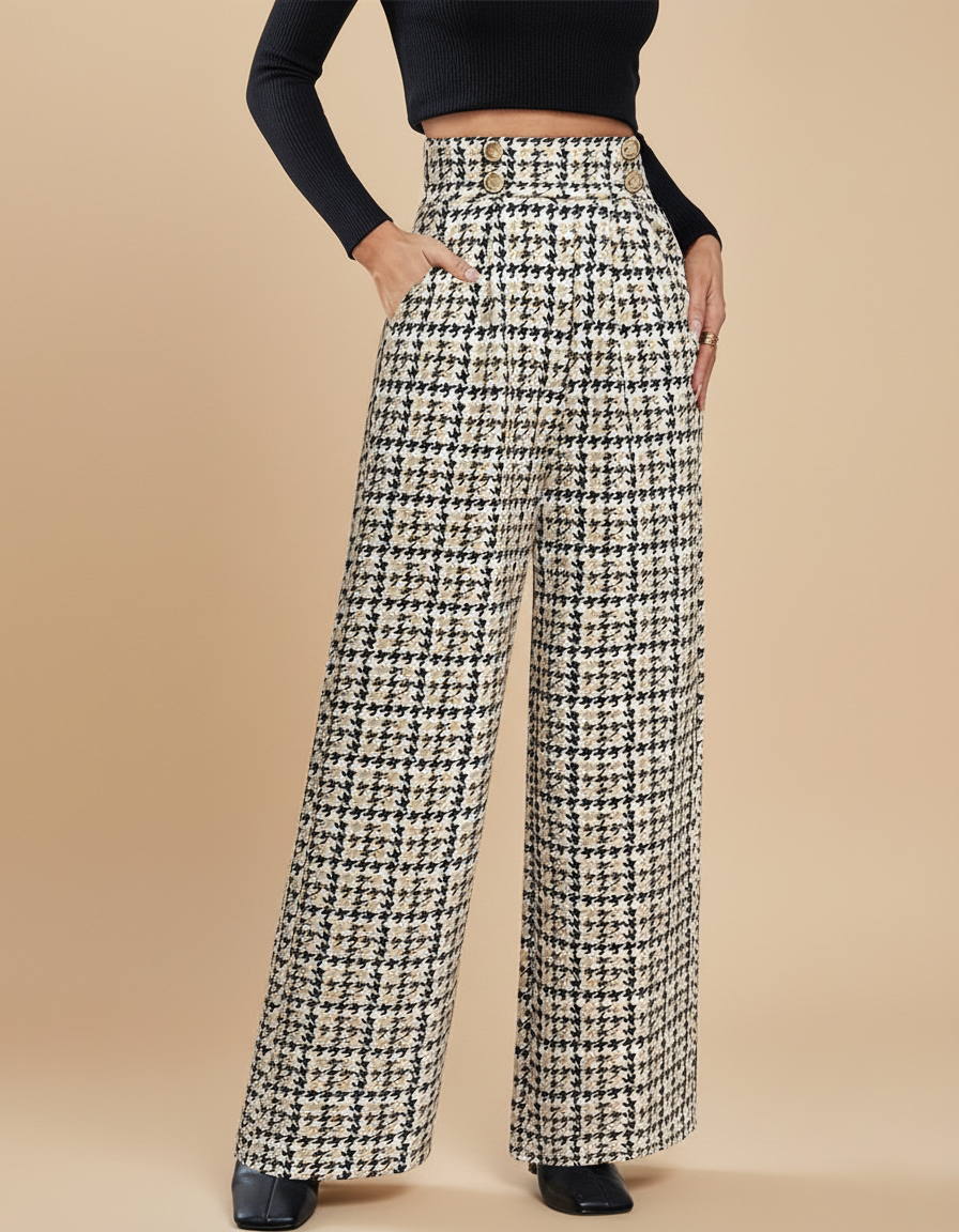 Pantalon Pied De Poule Beige - Tweed