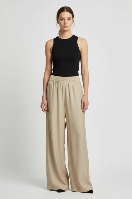 Pantalon Beige Ample Fluide Décontracté Taille Haute - Viscose