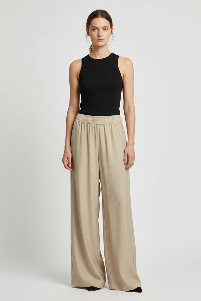 Pantalon Beige Ample Fluide Décontracté Taille Haute - Viscose