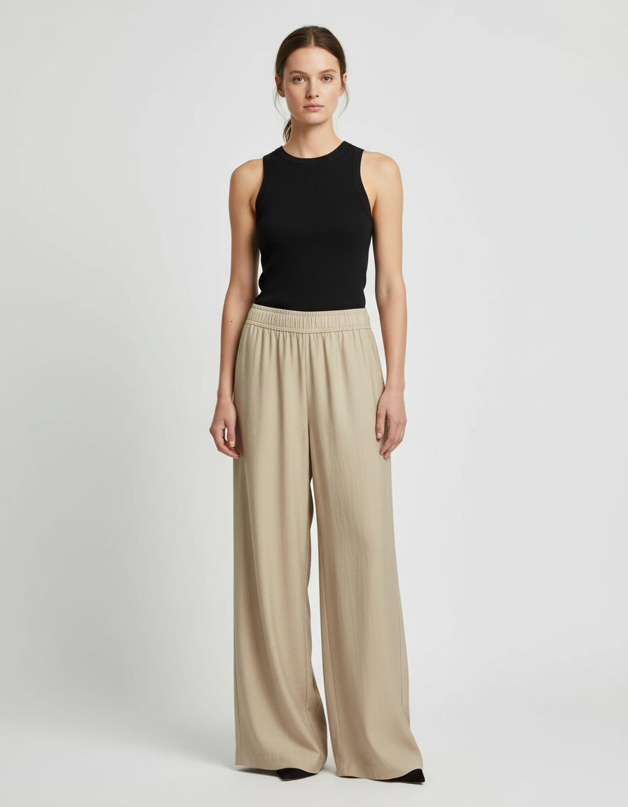 Pantalon Beige Ample Fluide Décontracté Taille Haute - Viscose