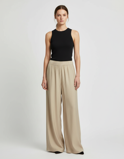Pantalon Beige Ample Fluide Décontracté Taille Haute - Viscose