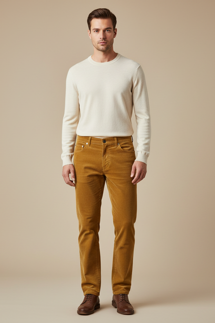 Pantalon Beige Côtelé Droit Homme Décontracté Hiver - Camel Cordé