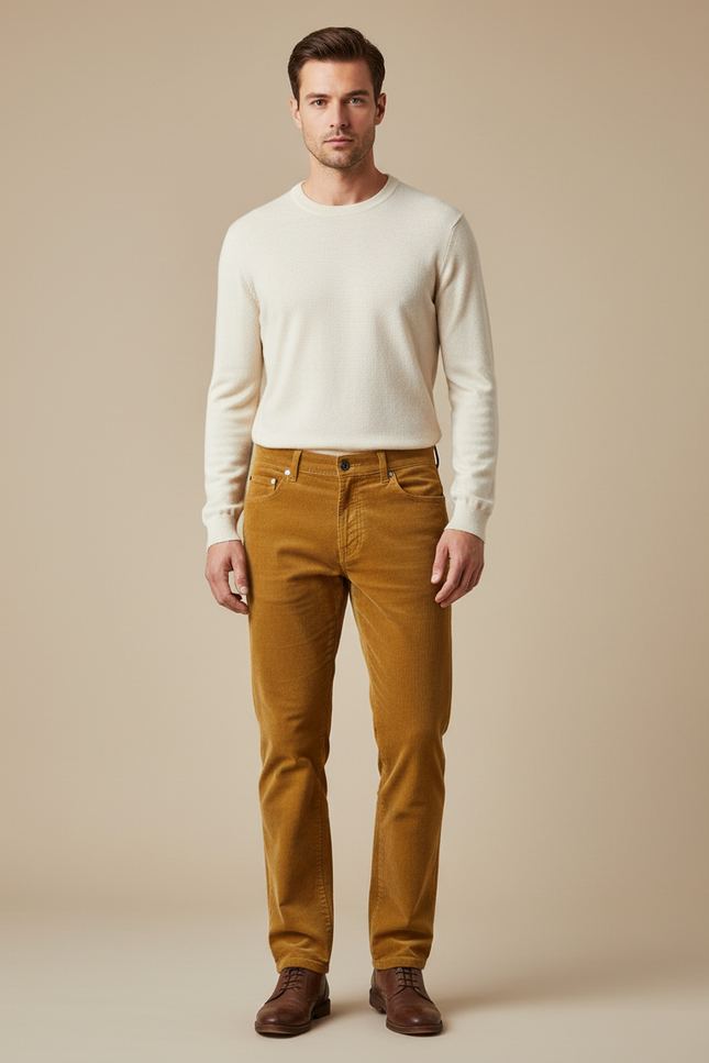 Pantalon Beige Côtelé Droit Homme Décontracté Hiver - Camel Cordé