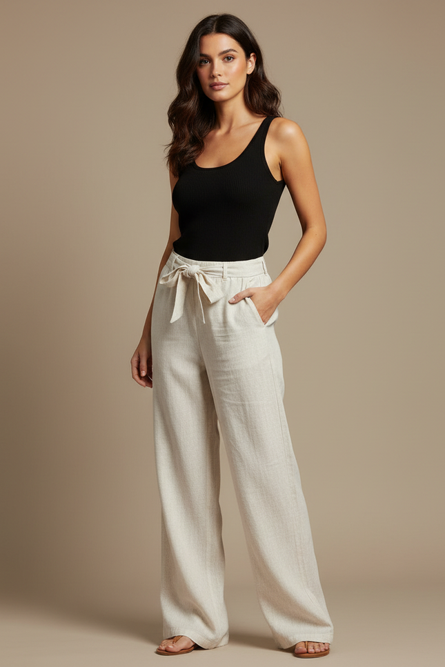 Pantalon Beige Ample Lin Décontracté Fluide Femme