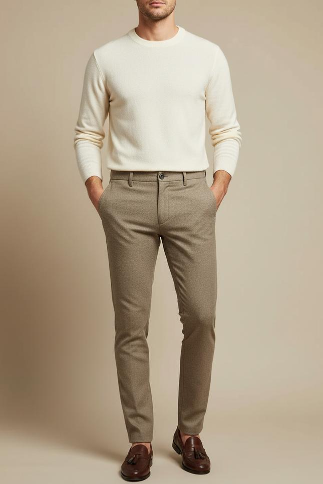 Pantalon Beige Homme Slim Motif Discret Élégant Formel - Tweed