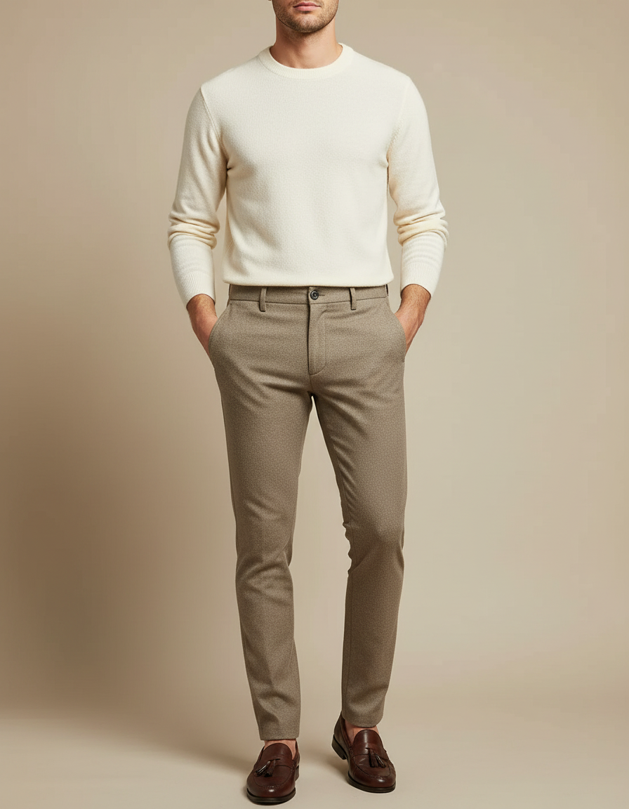 Pantalon Beige Homme Slim Motif Discret Élégant Formel - Tweed