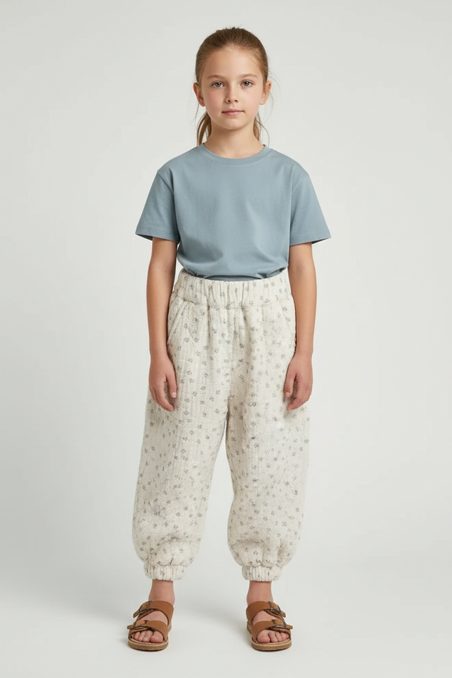 Pantalon Beige Ample Coton Imprimé Floral Enfant