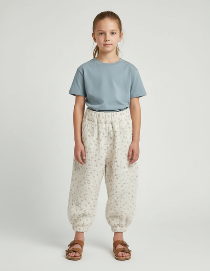 Pantalon Beige Ample Coton Imprimé Floral Enfant