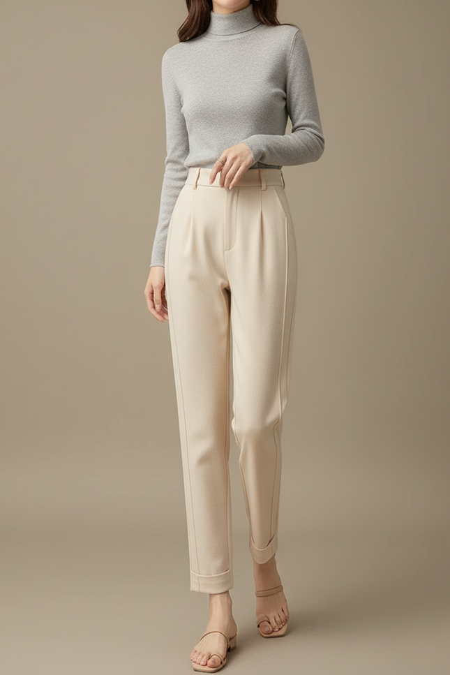 Pantalon Beige Taille Haute Plissé Décontracté Élégant - Gabardine