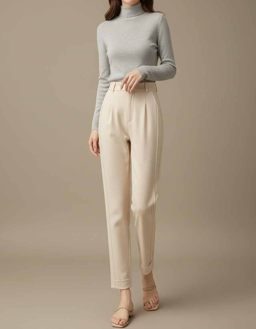 Pantalon Beige Taille Haute Plissé Décontracté Élégant - Gabardine