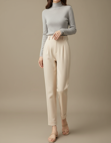 Pantalon Beige Taille Haute Plissé Décontracté Élégant - Gabardine