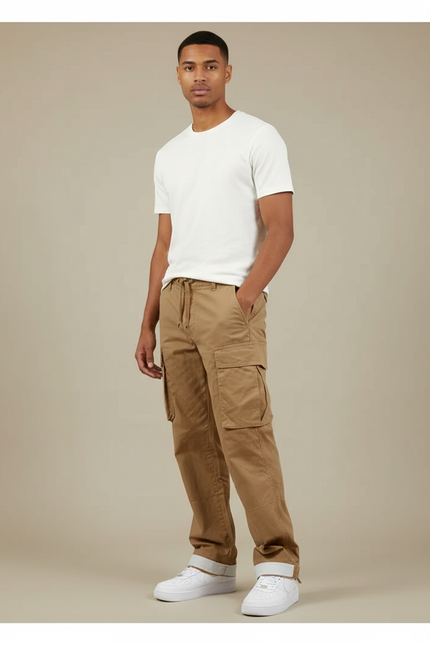 Pantalon Beige Cargo Coton Ample Confortable Décontracté Homme - Kaki Toile