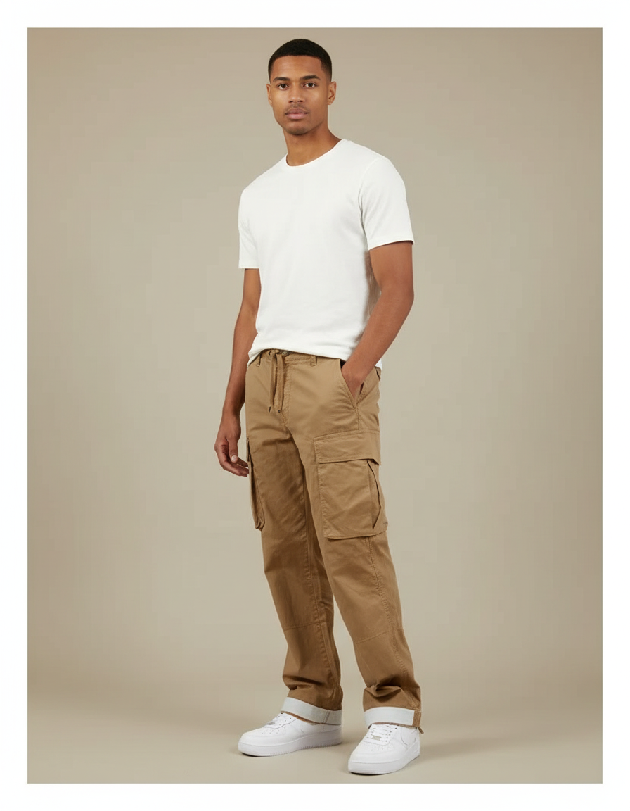 Pantalon Beige Cargo Coton Ample Confortable Décontracté Homme - Kaki Toile