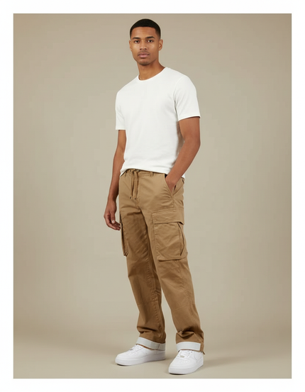 Pantalon Beige Cargo Coton Ample Confortable Décontracté Homme - Kaki Toile