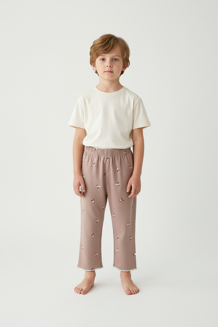 Pantalon Beige Imprimé Cerise Coton Ample Confortable Enfant - Molleton