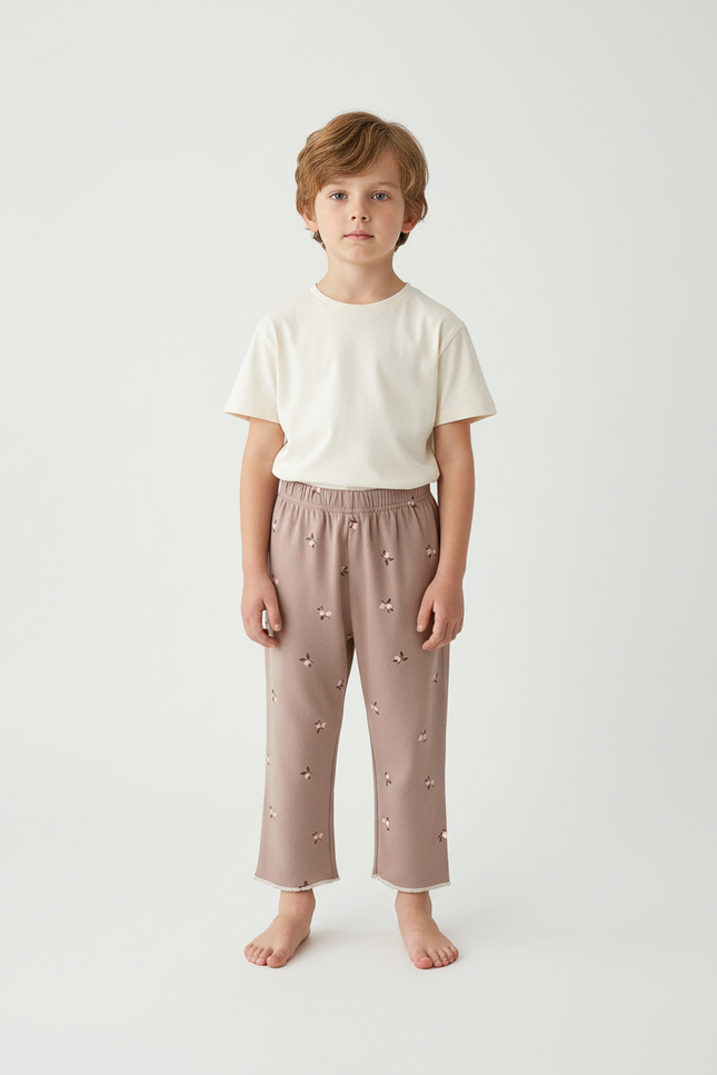 Pantalon Beige Imprimé Cerise Coton Ample Confortable Enfant - Molleton