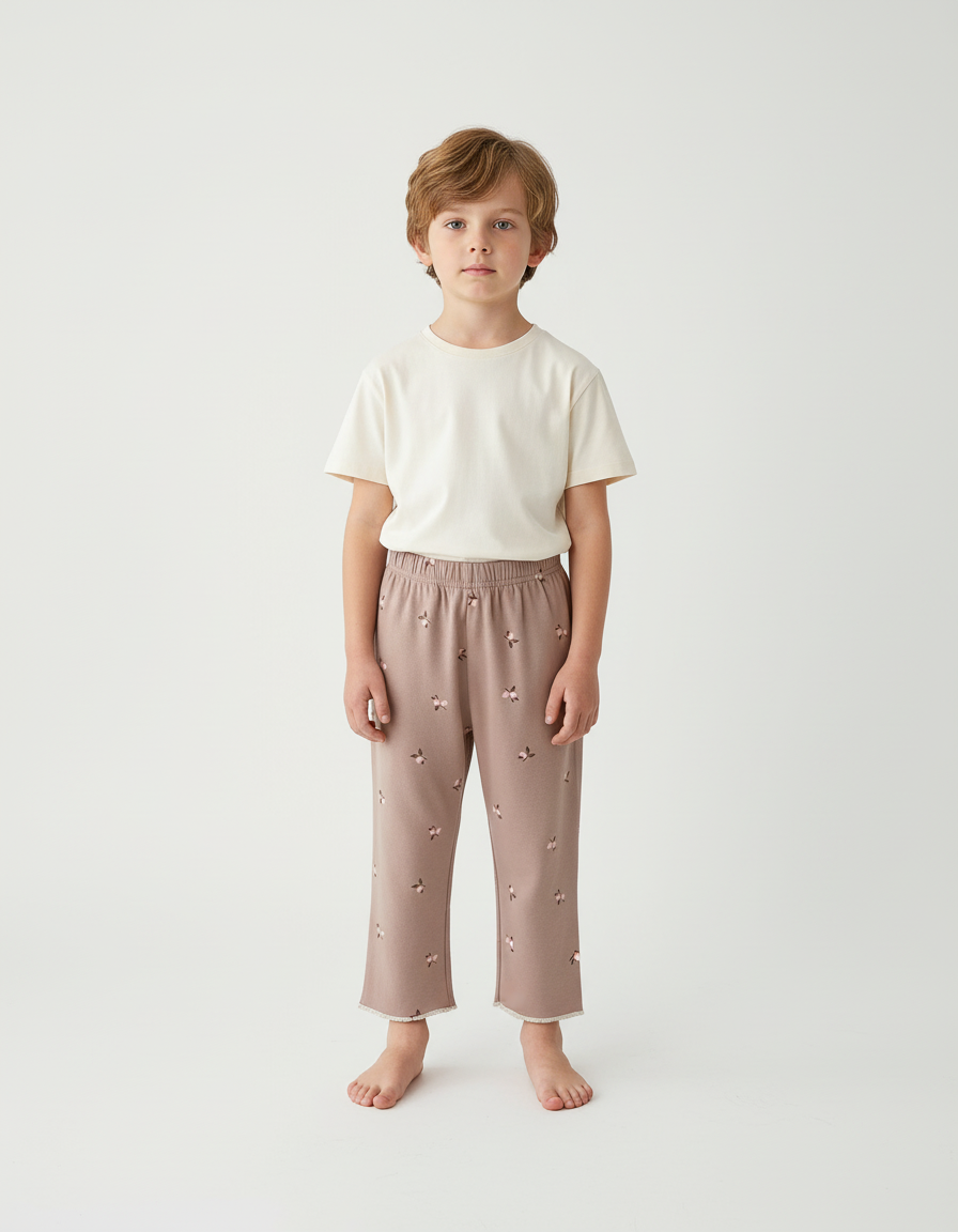 Pantalon Beige Imprimé Cerise Coton Ample Confortable Enfant - Molleton