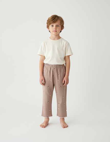 Pantalon Beige Imprimé Cerise Coton Ample Confortable Enfant - Molleton