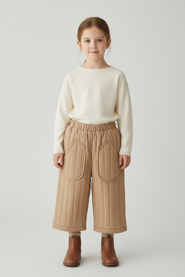 Pantalon Beige Matelassé Ample Coton Enfant Hiver - Molleton