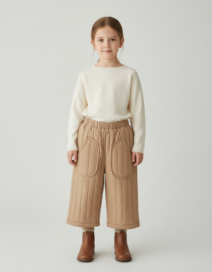 Pantalon Beige Matelassé Ample Coton Enfant Hiver - Molleton
