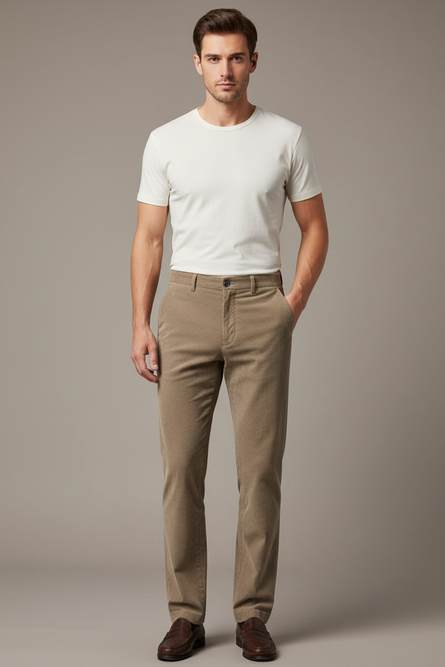 Pantalon Beige Côtelé Droit Homme Élégant - Cordé