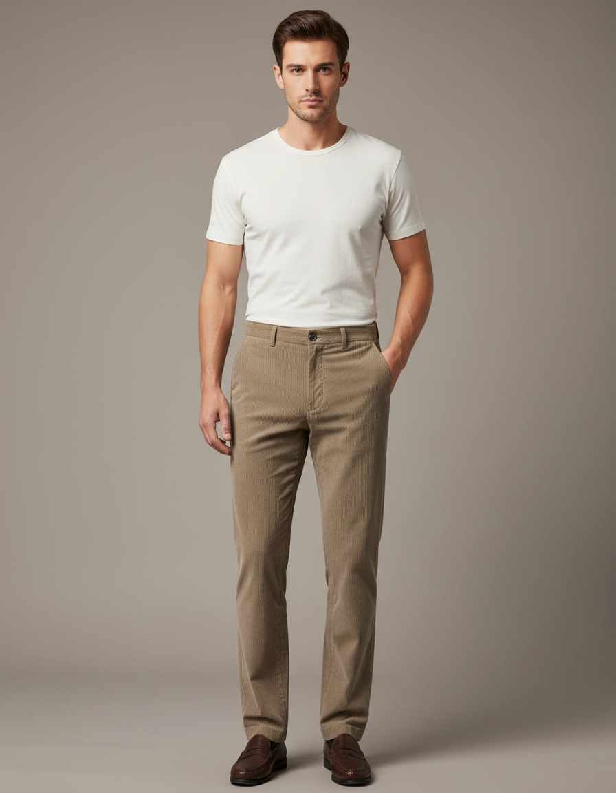 Pantalon Beige Côtelé Droit Homme Élégant - Cordé