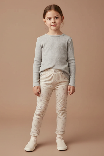 Pantalon Beige Fleuri Volants Fille Élastique Slim - Maille