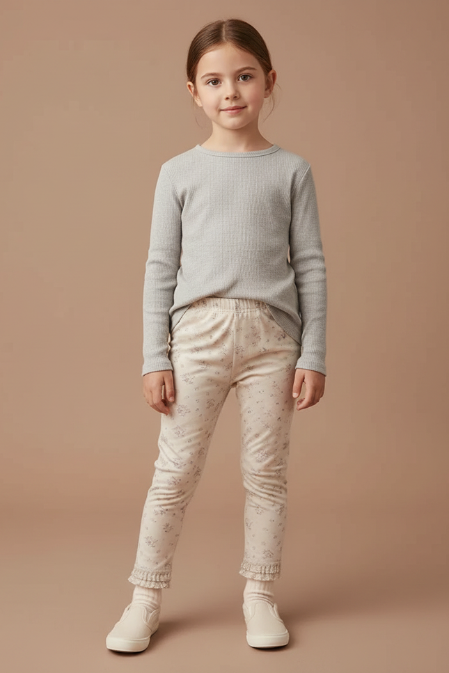 Pantalon Beige Fleuri Volants Fille Élastique Slim - Maille