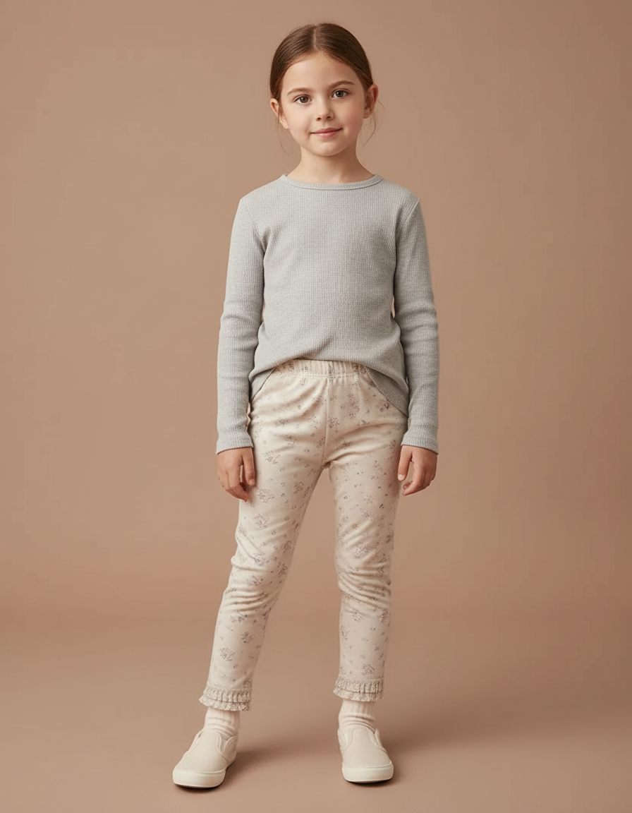 Pantalon Beige Fleuri Volants Fille Élastique Slim - Maille