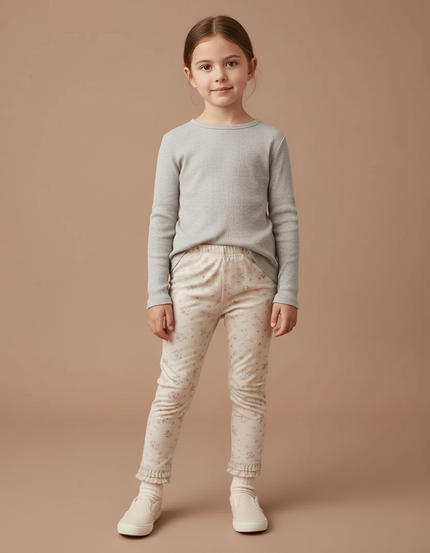Pantalon Beige Fleuri Volants Fille Élastique Slim - Maille