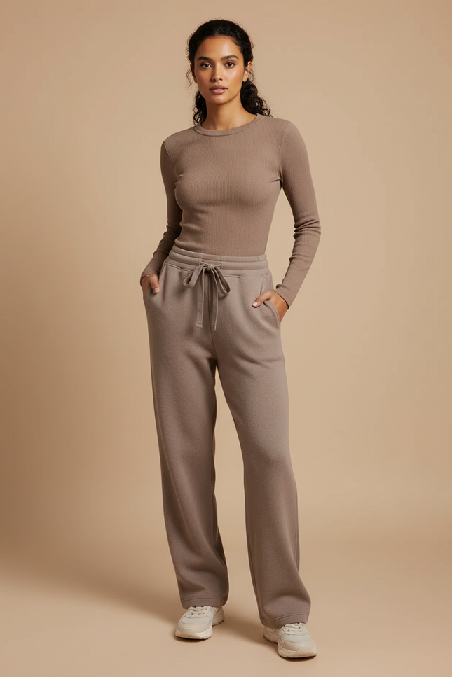 Pantalon Beige Molletonné Ample Décontracté Confortable Cordon