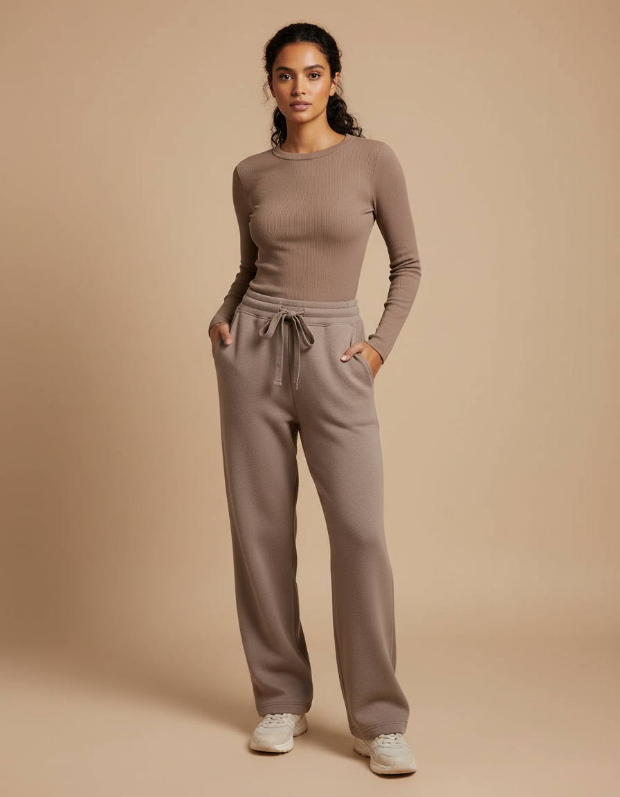 Pantalon Beige Molletonné Ample Décontracté Confortable Cordon