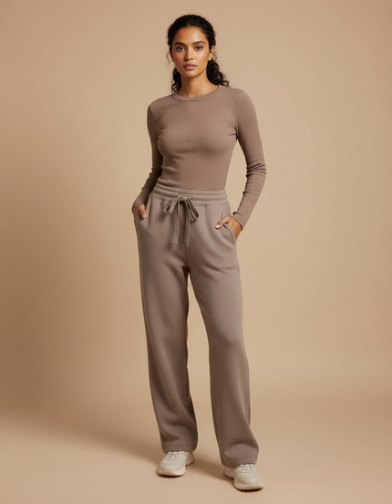 Pantalon Beige Molletonné Ample Décontracté Confortable Cordon