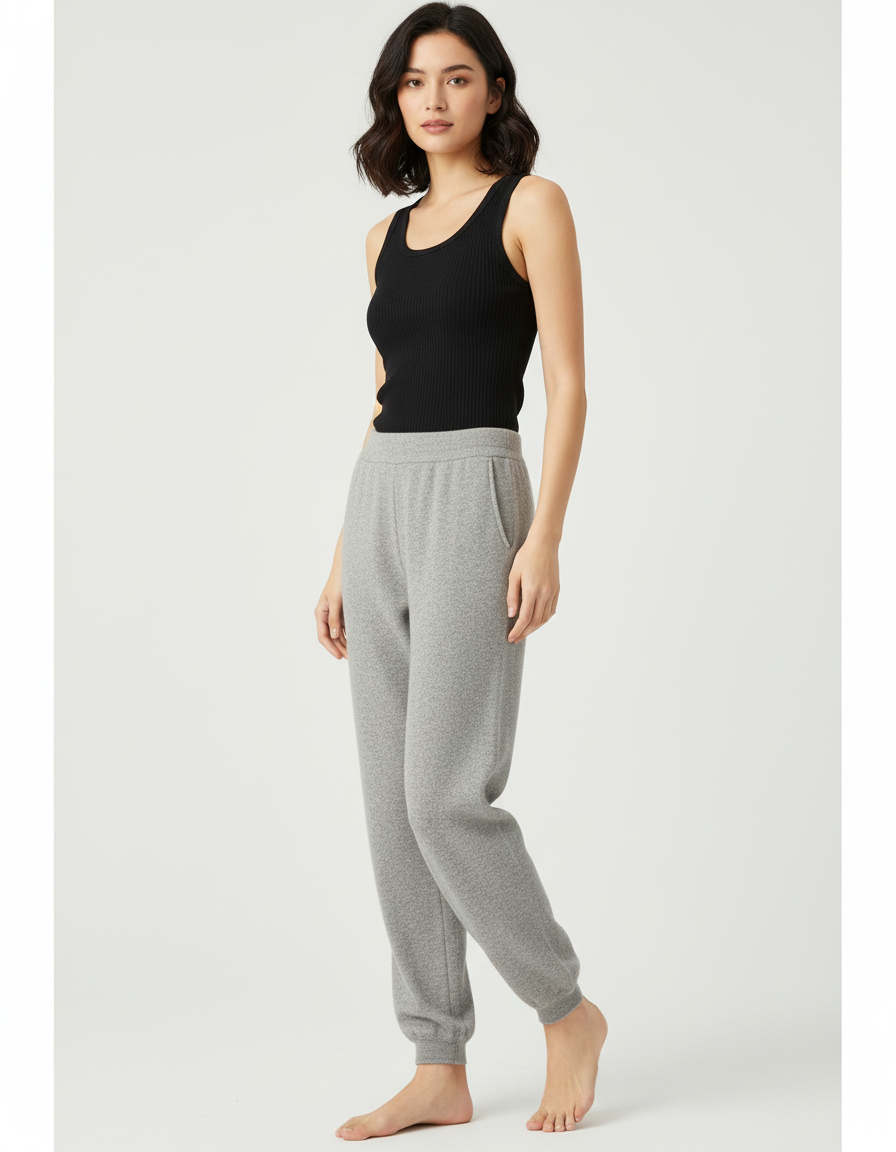 Pantalon Beige Doux Laine Confortable Jogging Femme - Gris Molleton