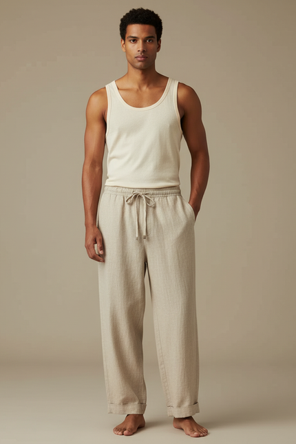 Pantalon Beige Lin Droit Décontracté Homme Respirant