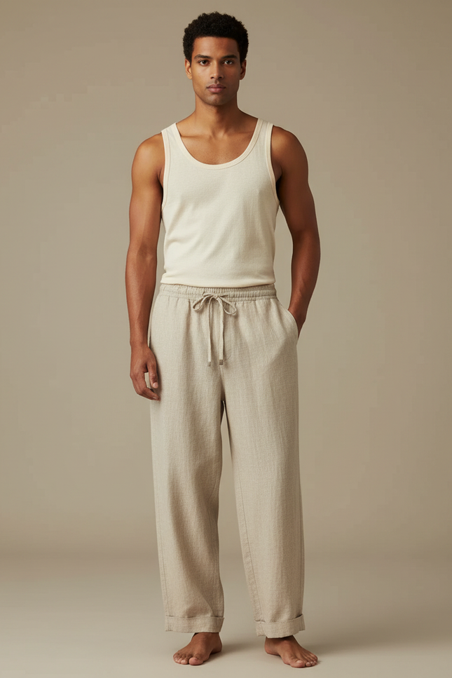 Pantalon Beige Lin Droit Décontracté Homme Respirant