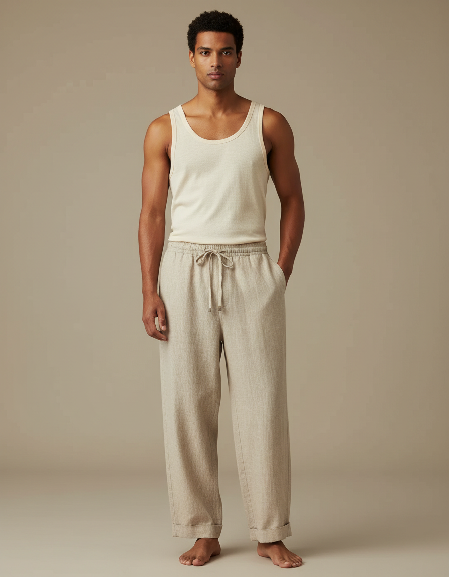 Pantalon Beige Lin Droit Décontracté Homme Respirant