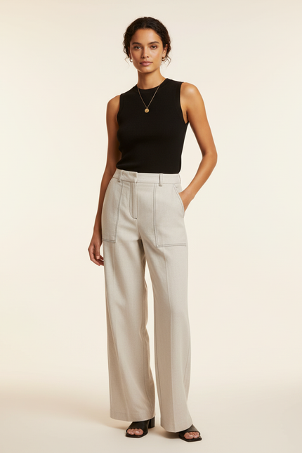 Pantalon Beige Large Taille Haute Couture Apparente - Gabardine