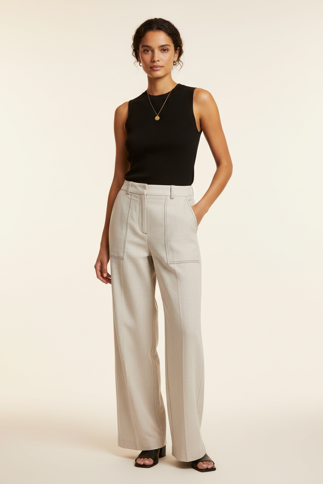 Pantalon Beige Large Taille Haute Couture Apparente - Gabardine