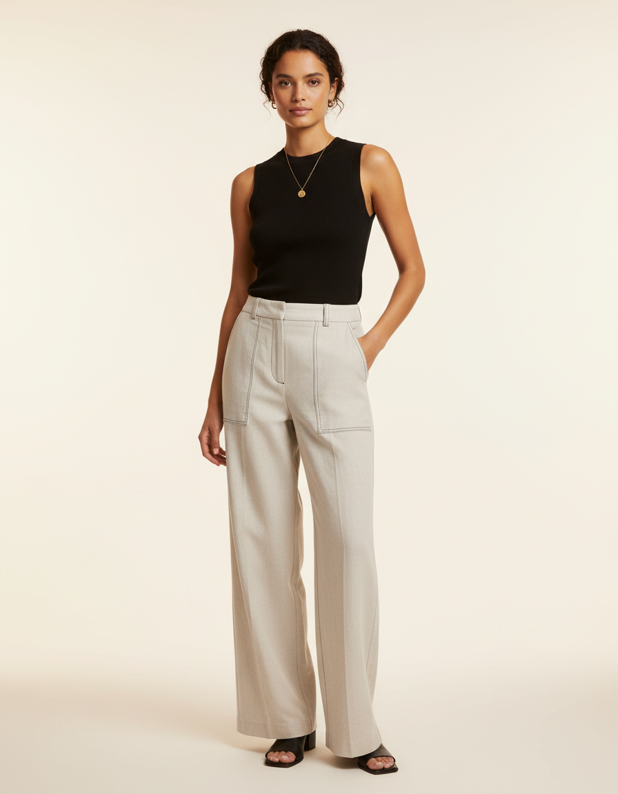 Pantalon Beige Large Taille Haute Couture Apparente - Gabardine