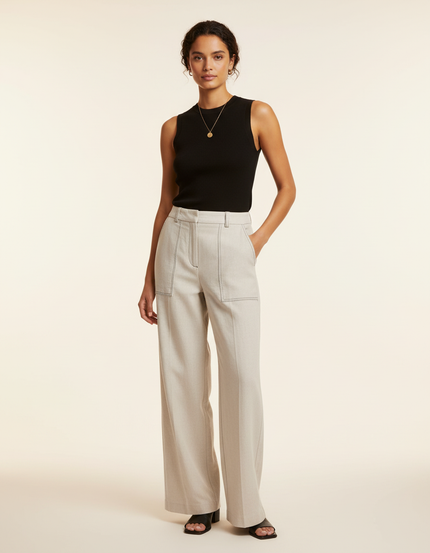 Pantalon Beige Large Taille Haute Couture Apparente - Gabardine
