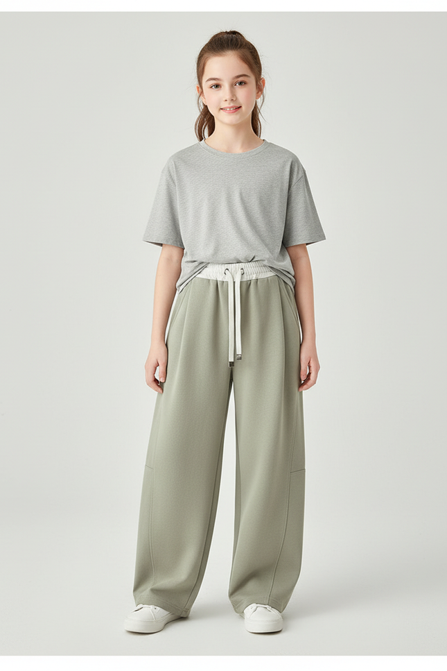Pantalon Beige Large Décontracté Fille Cordon - Kaki Molleton