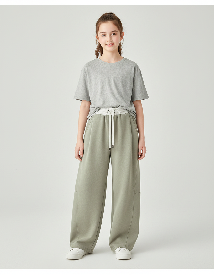Pantalon Beige Large Décontracté Fille Cordon - Kaki Molleton