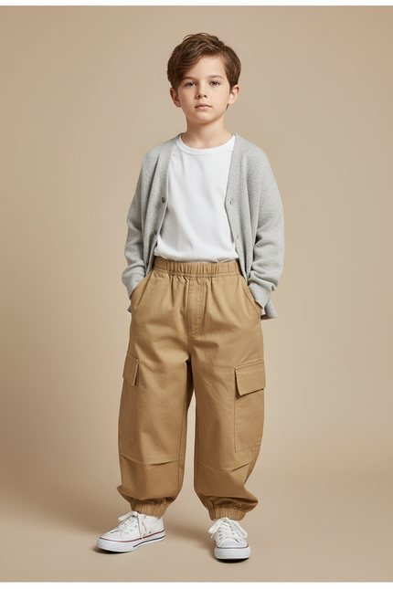 Pantalon Beige Cargo Ample Enfant Décontracté Multipoches - Gabardine